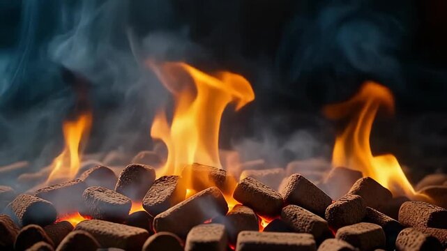 Closeup of burning charcoal briquettes with flames and smoke perfect for barbecue and grilling concepts. 4k Footage Video