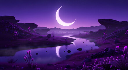 a purple landscape with a crescent over a river