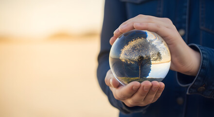 a person holding a glass ball with a tree inside