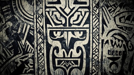 Intricate Black and White Tribal Pattern with Textured Surface and Vignette