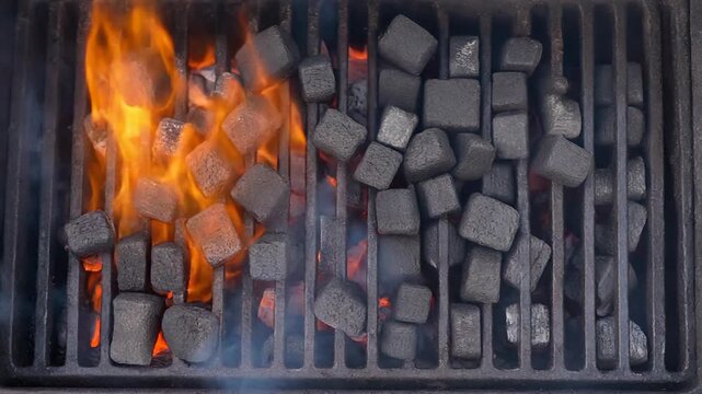 Closeup of charcoal briquettes igniting and burning on a grill grate. 4k Footage Video