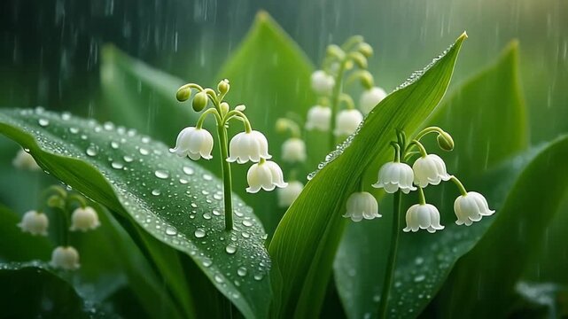 Closeup of delicate lily of the valley flowers with raindrops showcasing fresh green leaves and white bells in a serene garden setting. 4k Footage Video
