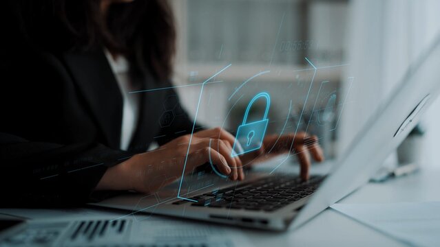 Digital cyber security lock system highlighting data security encryption, cyber password protection, fingerprint ID, cloud storage safety, and cyber security for online access Marrow