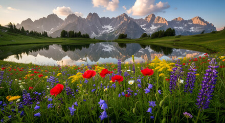 a field of flowers next to a lake
