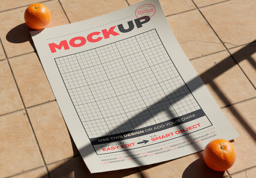 Page Poster on the Floor with Orage Fruits Mockup