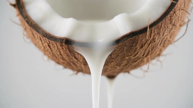 Closeup of fresh coconut milk dripping from a halved coconut. 4k Footage Video