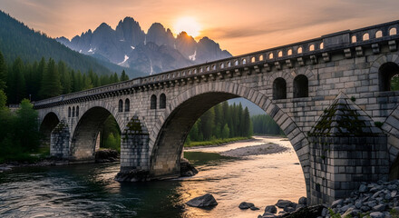 a bridge over a river with mountains in the background