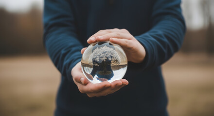 a person holding a glass ball with a picture of a person in the background