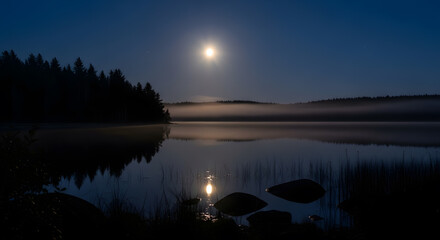a full moon is shining over a lake