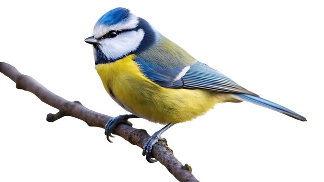 Vibrant Blue Tit Perched on a Branch, Bright Yellow and Blue Feathers, Isolated on White