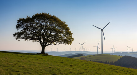 a lone tree on a grassy hill with wind turbines in the background