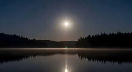 a full moon is shining over a lake
