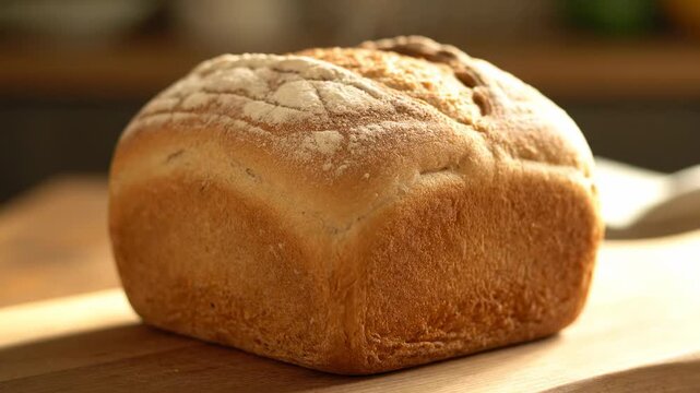 A close-up shot of a freshly baked loaf of bread on a wooden surface
