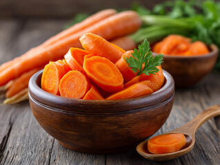 Sliced carrot in wooden bowl with whole carrots in background	