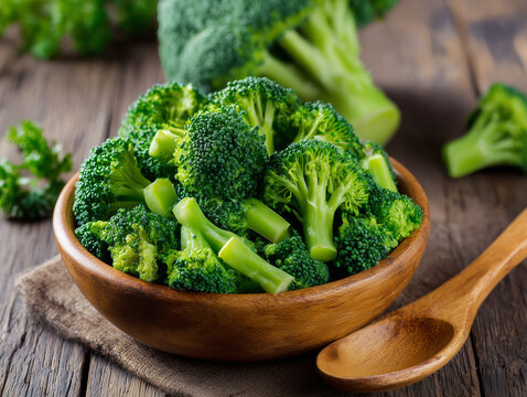 Sliced brocoli in wooden bowl with whole brocolis in background	