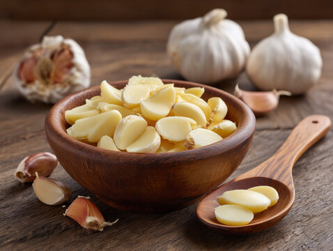 Sliced garlic in wooden bowl with whole garlics in background