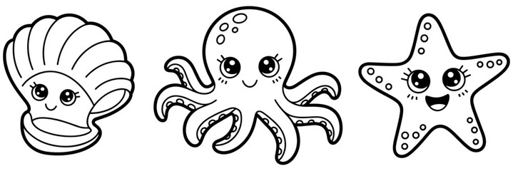 Vector, black, and, white, line, art, illustration, set, of, cute, cartoon, sea, animals, including, octopus, starfish, and, seashell, for, children, coloring, pages, isolated (25 words) © MSTShahanaz