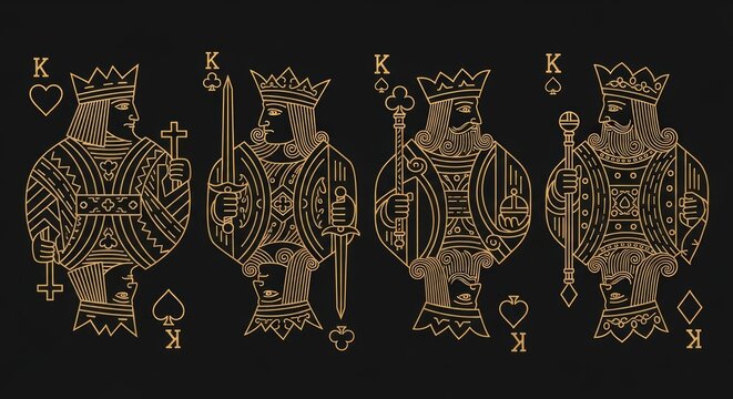 Four gold kings playing cards illustration on black background
