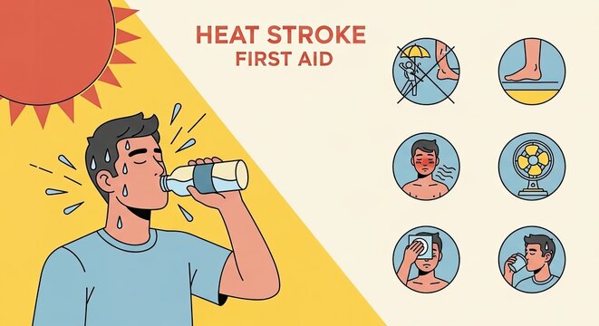 Man suffering from heat stroke receiving first aid treatment outdoors on a sunny day with various symptoms illustrated