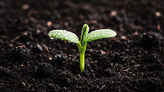 A close-up shot of a seedling emerging from dark soil, water droplets