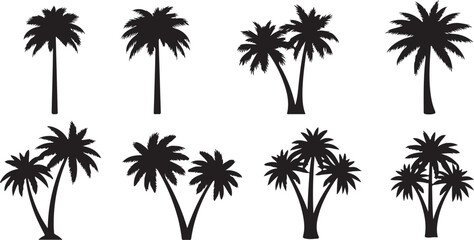 Nine black and white palm trees on a white background