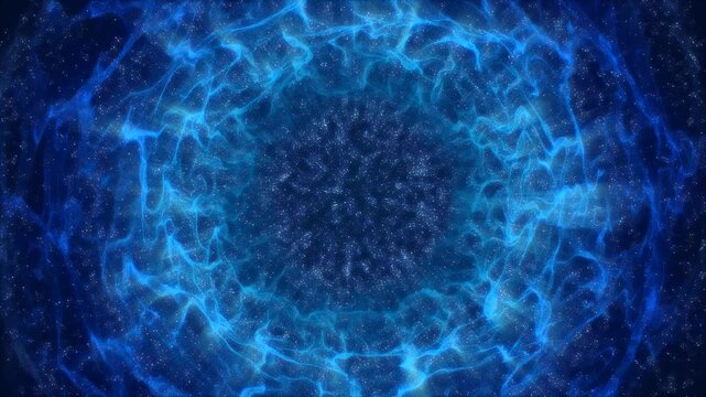 Blue Animated Rotating Neon Flame Ring with Particles, Starry Background. Magical Portal, Glowing Logo Frame, Moving Eye Iris, Energy Circle, Fiery Gateway to the Cosmos. 4K for Ads, Promotions, Tech.