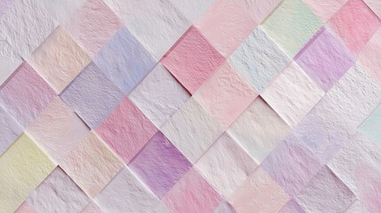 Fototapeta premium Colorful paper squares arranged in a pattern on a flat surface showcasing pastel shades and textures in a creative setting