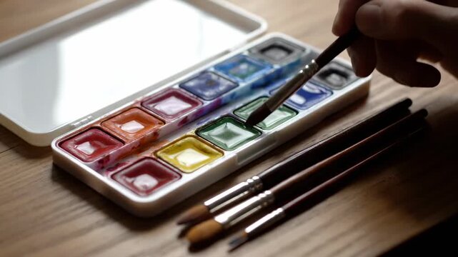 A close-up shot of an open watercolor paint set and brushes on wood