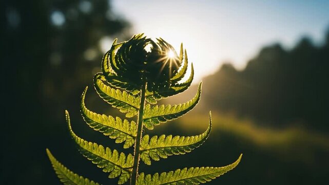 Close-up of a fern leaf in backlit sunlight