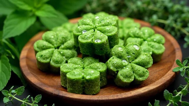 A close-up shot of green flower-shaped treats with water droplets