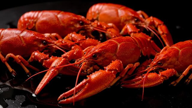 A close-up shot of several cooked red crawfish on a black surface