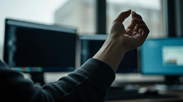 Close-up of a hand reaching towards computer monitors in an office