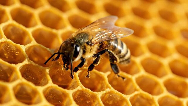 A close-up view of a bee resting on a golden honeycomb structure
