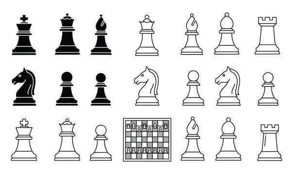 collection of chess pieces including king, queen, rook, bishop, knight, pawn, and chessboard_26