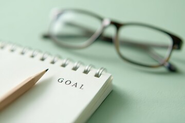 January 2026 calendar with post-it note word GOAL, pencil and eyeglasses on green background, New Year planning and resolution concept