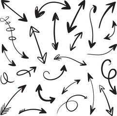 Fototapeta premium Diverse collection of hand drawn doodle arrows pointing in many directions and shapes