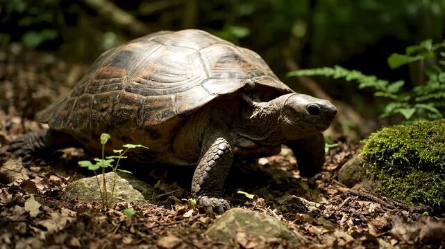A close-up view of a tortoise walking in a forest setting
