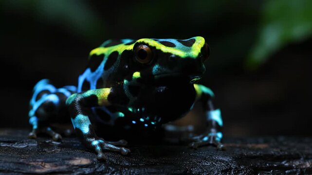 A close-up view of a vibrant, colorful frog perched on a dark surface