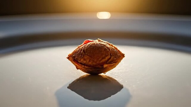 Close-up of a single walnut on a reflective surface at different angles