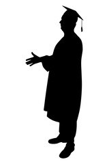 Silhouette of graduate student in graduation cap, extending his hand for handshake. Vector illustration.
