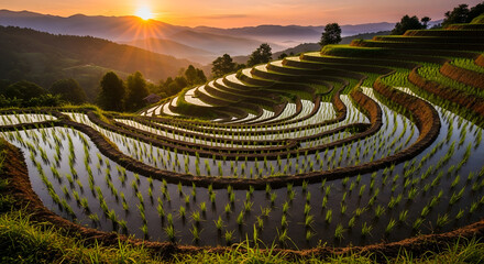 Lush Green Rice Terraces Glowing at Peaceful Sunset &ndash; Scenic Agricultural Landscape