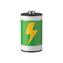 Shiny green battery with yellow lightning symbol isolated on a transparent background