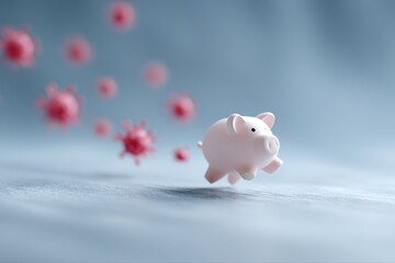 financial crisis concept, piggy bank investor running away from COVID-19 virus pathogen, stock market panic metaphor