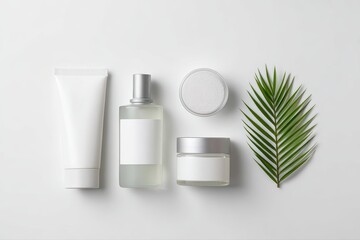 skincare flat lay, cosmetic products with blank labels and natural ingredients on white background, clean beauty concept