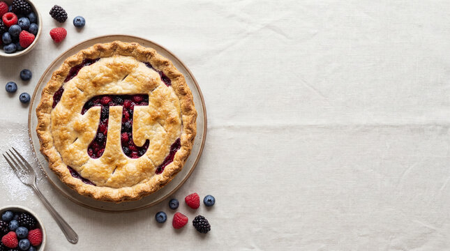 Top view flat lay of a golden-brown berry pie with a mathematical Pi symbol baked into the crust. Pi day background with copy space