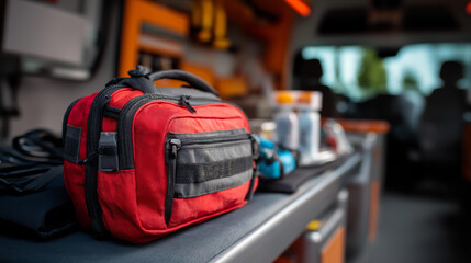Fototapeta premium Red first-aid bag in emergency vehicle, medical supplies equipment, paramedic gear, ambulance interior, rescue accessories, healthcare emergency kit, with copy space