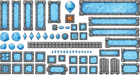 Cartoon stone and ice game UI set with rock interface boards, panels, buttons and menu frames, arctic blue enchanted crystal HUD elements, fantasy RPG GUI vector illustration isolated on transparent © PrimePixel Co