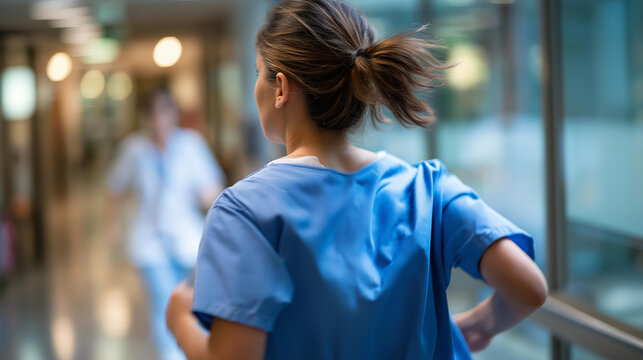 Defocused blurred motion of faceless female nurse in blue scrubs running through hospital corridor during emergency, urgent response, critical care situation, medical staff