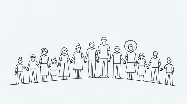 Diverse group of people holding hands in a line illustration.