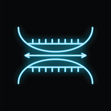 Neon blue glowing osmosis process icon showing movement of molecules through semipermeable membrane on black background